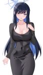  1girl absurdres alternate_costume black_dress black_hair blue_archive blue_eyes blue_hair blue_halo breasts cleavage collarbone colored_inner_hair covered_navel cowboy_shot dongtan_dress dress fiftya halo hand_up highres large_breasts long_hair long_sleeves looking_at_viewer meme_attire multicolored_hair open_mouth saori_(blue_archive) simple_background solo taut_clothes taut_dress two-tone_hair very_long_hair white_background 