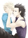  2boys bad_source between_legs bisuko black_hair black_pants blonde_hair blue_eyes blue_shirt closed_eyes cloud_strife comforting crisis_core_final_fantasy_vii cross_scar earrings final_fantasy final_fantasy_vii forehead-to-forehead hair_slicked_back hand_on_another&#039;s_head hands_on_another&#039;s_shoulders heads_together high_collar highres jewelry light_smile long_hair male_focus multiple_boys pants purple_sweater scar scar_on_cheek scar_on_face shirt short_hair simple_background sitting sleeveless sleeveless_sweater sleeveless_turtleneck spiked_hair stud_earrings sweater third-party_source turtleneck turtleneck_sweater upper_body white_background yaoi zack_fair 