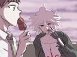  2boys bangs biting blurry blurry_background blush brown_eyes collarbone collared_shirt danganronpa_(series) danganronpa_2:_goodbye_despair depth_of_field english_commentary finger_biting food green_jacket green_shirt grey_background hair_between_eyes hinata_hajime hood hood_down hooded_jacket jacket komaeda_nagito male_focus mechanical_arms messy_hair multiple_boys necktie print_shirt shirt single_mechanical_arm upper_teeth white_shirt yandr4hope 