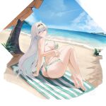  1girl absurdres aqua_bikini ass bare_arms bare_legs bare_shoulders barefoot beach bikini black_hairband blue_eyes blue_sky breasts commentary day firefly_(honkai:_star_rail) hairband highres honkai:_star_rail honkai_(series) knees_up large_breasts long_hair ocean outdoors sitting sky solo suo_bu_ye_feng swimsuit thighs towel tree very_long_hair water white_hair 