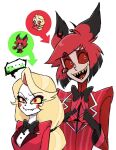  ... 1boy 1girl alastor_(hazbin_hotel) biting_own_lip black_hair blonde_hair body_switch charlie_morningstar chibi colored_sclera commentary_request evil_smile fang formal hazbin_hotel highres index_fingers_together long_hair multicolored_hair nervous pale_skin personality_switch red_eyes red_hair red_sclera short_hair simple_background smile spoken_ellipsis suit upper_body white_background yellow_sclera zumin 