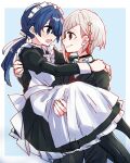  2girls alternate_costume apron arms_around_neck black_choker black_coat black_dress blue_eyes blue_hair blush bob_cut butler carrying choker closed_mouth coat collared_shirt colored_inner_hair commentary_request dark_blue_hair diagonal_bangs dress enmaided eye_contact female_butler grey_hair hair_ornament hair_ribbon highres inverted_bob kanduki_kamibukuro link!_like!_love_live! long_dress long_hair looking_at_another love_live! low_ponytail maid maid_apron maid_day maid_headdress multicolored_hair multiple_girls murano_sayaka open_clothes open_coat open_mouth princess_carry profile red_eyes red_hair red_vest ribbon shirt short_hair smile star_(symbol) star_hair_ornament streaked_hair tailcoat vest virtual_youtuber white_apron white_headdress white_ribbon white_shirt yugiri_tsuzuri yuri 