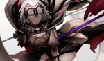  1girl ahoge armor armored_dress banner bent_over black_cape black_dress black_thighhighs breasts cape chain dress fate/grand_order fate_(series) faulds flag fur-trimmed_cape fur_trim gauntlets headpiece highres holding holding_flag jeanne_d&#039;arc_alter_(avenger)_(fate) jeanne_d&#039;arc_alter_(avenger)_(first_ascension)_(fate) jeanne_d&#039;arc_alter_(fate) large_breasts looking_at_viewer plackart short_hair smile solo standard_bearer sumi_(gfgf_045) sword thighhighs weapon white_flag white_hair yellow_eyes 