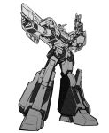  absurdres greyscale gun highres holding holding_gun holding_weapon ishiyumi j-decker looking_to_the_side mecha monochrome no_humans pointing solo super_robot v-fin weapon white_background white_eyes yuusha_keisatsu_j-decker yuusha_series 