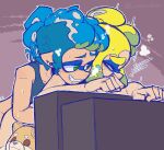  ambiguous_gender blonde_hair blue_hair bodily_fluids cephalopod drooling duo ear_piercing electronics eye_contact female hair humanoid implied_fingering inkling looking_at_another marine mollusk nintendo orgasm piercing saliva simple_background splatoon sweat television wormbin 