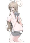  1girl absurdres akane_(blue_archive) animal_ears ass black-framed_eyewear blue_archive blush breasts brown_eyes closed_mouth fake_animal_ears fake_tail feet_out_of_frame glasses gloves halo highres large_breasts light_brown_hair long_hair looking_at_viewer mark_jin pasties rabbit_ears rabbit_tail simple_background smile solo tail tongue tongue_out white_background white_gloves 