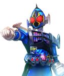  1boy armor belt blue_armor blue_bodysuit bodysuit compound_eyes full_armor gauntlets helmet kamen_rider kamen_rider_fourze kamen_rider_fourze_(cosmic_states) kamen_rider_fourze_(series) male_focus masukudo_(hamamoto_hikaru) red_eyes rocket solo switches tokusatsu upper_body 