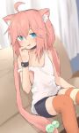  1girl :p ahoge animal_ear_fluff animal_ears asymmetrical_legwear bike_shorts black_choker blue_eyes blurry blurry_background blush cat_ears choker couch depth_of_field hair_bobbles hair_ornament hand_up hinata_channel long_hair looking_at_viewer mismatched_legwear nekomiya_hinata orange_legwear pink_hair shirt sitting sleeveless sleeveless_shirt smile solo strap_slip thighhighs tongue tongue_out twintails very_long_hair watch white_shirt wristwatch yakihebi 