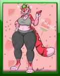 absurd_res anthro aroradraws big_breasts breasts brown_body brown_fur eating felid feline female food fruit fur green_eyes green_hair hair head_tuft hi_res mammal mature_female melon melony_(aroradraws) pantherine pink_body pink_fur plant red_body red_fur slightly_chubby solo striped_body striped_fur stripes thick_thighs tiger tuft