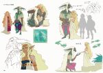  1boy 1girl alternate_costume blonde_hair capelet concept_art dark-skinned_female dark_skin dress earrings furry furry_male highres husband_and_wife jewelry kneeling large_ears link long_hair multiple_views official_art pointy_ears princess_zelda rauru_(tears_of_the_kingdom) sonia_(zelda) the_legend_of_zelda the_legend_of_zelda:_tears_of_the_kingdom very_long_hair white_dress 