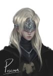  1girl absurdres blindfold blonde_hair cloak closed_mouth covered_eyes dark_souls_(series) dark_souls_iii dress eye_mask fire_keeper highres jewelry long_hair mask necklace piscina simple_background solo white_background 