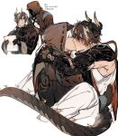  2boys arknights armor brown_coat brown_hair chinese_clothes chong_yue_(arknights) coat commentary_request cropped_torso doctor_(arknights) dragon_boy dragon_horns dragon_tail earrings faceless faceless_male facing_another grey_hair gyulseu hand_on_another&#039;s_shoulder high_collar highres holding holding_paper hood hood_up hooded_coat horns hug jewelry kiss korean_commentary korean_text long_hair long_sleeves long_tail looking_at_another low_ponytail male_doctor_(arknights) male_focus multicolored_hair multiple_boys paper pauldrons pointy_ears red_eyes rerebrace shoulder_armor simple_background single_pauldron sleeveless slit_pupils spread_legs streaked_hair tail translation_request white_background white_hair wide_sleeves yaoi 