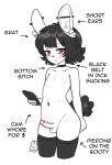  anthro balls black_hair blush bunnybits choker clothed clothing digital_media_(artwork) ear_piercing english_text erection fur genitals hair hi_res jewelry lagomorph legwear leporid looking_at_viewer male mammal necklace penis piercing rabbit red_eyes solo tail text thigh_highs white_body white_fur 