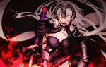  1girl armor armored_dress bare_shoulders black_gloves bleeding bleeding_from_forehead blood breasts chain cleavage clothing_cutout elbow_gloves fangs fate/grand_order fate_(series) faulds fire gauntlets gloves headpiece highres injury jeanne_d&#039;arc_alter_(avenger)_(fate) jeanne_d&#039;arc_alter_(avenger)_(third_ascension)_(fate) jeanne_d&#039;arc_alter_(fate) large_breasts long_hair looking_at_viewer navel_cutout slit_pupils solo sumi_(gfgf_045) sword very_long_hair weapon yellow_eyes 