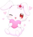 accessory anthro azuo blush female floppy_ears flower flower_in_hair fur hair hair_accessory heart_symbol hi_res holding_heart jewelpet lagomorph leporid mammal one_eye_closed plant rabbit red_eyes ruby_(jewelpet) sanrio sega_fave simple_background solo white_background white_body white_fur wink