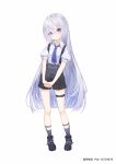  1girl ak-15_(girls&#039;_frontline) eyebrows_visible_through_hair eyes_visible_through_hair ge_zhong_kuaile girls&#039;_frontline holding_hands long_hair pixiv_id purple_eyes shoes shorts silver_hair socks solo suspender_shorts suspenders thigh_strap white_background younger 