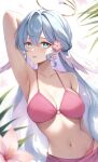  1girl absurdres aqua_eyes arm_up armpit_crease armpits bikini blue_hair breasts cleavage collarbone commentary earrings english_commentary flower hair_between_eyes hair_intakes halo head_wings highres honkai:_star_rail honkai_(series) jewel_under_eye jewelry large_breasts long_hair looking_at_viewer narijade navel parted_lips pink_bikini presenting_armpit robin_(honkai:_star_rail) sidelocks solo stomach swimsuit upper_body white_background wings 