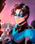  1boy animal batman_(series) black_bodysuit black_hair blue_bodysuit blue_mask bodysuit cityscape dc_comics dog domino_mask holding holding_animal holding_dog initial kath_lobo light_smile looking_at_viewer mask nightwing outdoors short_hair solo sunset tongue tongue_out two-tone_bodysuit upper_body 