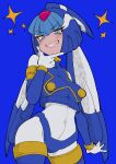  1girl absurdres android armor blue_armor blue_background blue_eyes blue_helmet blue_sleeves blush bodysuit breasts buzzlyears crop_top crotch_plate detached_sleeves fairy_leviathan_(mega_man) forehead_jewel grin helmet highres looking_at_viewer medium_breasts mega_man_(series) mega_man_zero_(series) smile solo teeth thighhighs vest white_bodysuit 
