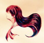  1girl aozukikawasemi ascot closed_eyes collar commentary cropped_shoulders english_commentary expressionless from_side ib_(ib) ib_(kouri) long_hair parted_lips photo_(medium) red_ascot red_hair red_theme solo traditional_media very_long_hair wavy_hair white_collar 