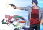  1boy 1girl black_gloves black_pants blue_jacket bullet city_hunter colt_python commentary_request crossover firing gloves gun hairband hand_in_pocket highres holding holding_gun holding_weapon horse_tail jacket long_hair long_sleeves motion_blur orange_hair pants pleated_skirt red_shirt revolver running saeba_ryou shirt short_hair silence_suzuka_(umamusume) skirt smile tail twitter_username umamusume weapon white_hairband white_skirt yuu_(masarunomori) 