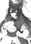 1girl alternate_costume animal_ears apron black_bow black_bowtie black_dress blue_archive blush bow bowtie breasts closed_mouth dress flower fox_ears fox_girl frilled_apron frilled_dress frilled_wristband frills greyscale hair_flower hair_ornament halo hand_up highres jun_project large_breasts long_hair looking_at_viewer maid maid_day monochrome puffy_short_sleeves puffy_sleeves short_sleeves simple_background solo upper_body waist_apron wakamo_(blue_archive) white_apron white_background 
