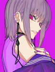  1girl absurdres black_choker chainsaw_man choker ear_piercing earrings fami_(chainsaw_man) from_side highres jacket jewelry looking_at_viewer mole mole_under_eye piercing purple_background purple_eyes purple_hair purple_jacket purple_nails purple_shirt ringed_eyes sailen0 shirt short_hair 