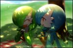  2girls ^_^ alternate_color bangs black_border blue_hair blue_skin blue_sky blurry blurry_background blush blush_stickers bob_cut border closed_eyes cloud colored_skin commentary dappled_sunlight day eating eyebrows_visible_through_hair flat_chest food food_bite food_on_face gardevoir gen_3_pokemon grass green_hair green_skin hair_over_one_eye hands_up happy holding holding_food looking_at_another lotosu multicolored multicolored_skin multiple_girls musical_note onigiri open_mouth orange_eyes outdoors picnic pokemon pokemon_(creature) rice rice_on_face rug shiny shiny_hair shiny_pokemon short_hair sideways_mouth sitting sky smile sunlight tree two-tone_skin under_tree upper_body white_skin 