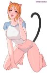 1girl animal_ear_fluff animal_ears arm_support ass_visible_through_thighs bare_arms bare_legs barefoot blue_skirt blush breasts brown_eyes cat_ears cat_girl cat_tail commentary cropped_shirt earrings english_commentary extra_ears full_body hand_up jewelry kneeling large_breasts looking_at_viewer midriff nail_polish nami_(one_piece) navel one_piece orange_hair orange_nails paid_reward_available panties patreon_username paw_pose shirt short_hair short_sleeves shoulder_tattoo simple_background single_sidelock skirt solo tail tattoo tight_clothes tongue tongue_out two-tone_shirt underwear uukkaa white_background white_panties white_shirt 