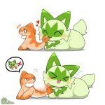 &gt;_&lt; ambiguous_gender angry animated blush bodily_fluids cross eyes_closed fur generation_9_pokemon green_body green_fur heart_symbol licking loaf nintendo orange_body pokemon pokemon_(species) simple_background speech_bubble sprigatito sweat tail tail_motion tail_slap tatsugiri tongue tontaro white_background