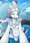  2024 absurd_res anthro areola blue_hair blue_sclera blue_tail bodily_fluids breasts cloud day female fish_tail front_view generation_7_pokemon hair hi_res looking_at_viewer navel nintendo nipples nude open_mouth outside pokemon pokemon_(species) primarina saliva sea sealer4258 sky small_breasts solo tail teeth tongue tongue_out water white_body white_eyes white_skin 