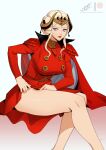  1girl artist_name bare_legs breasts buttons cape commentary dress edelgard_von_hresvelg eightyfourart eyelashes fake_horns feet_out_of_frame fire_emblem fire_emblem:_three_houses highres horns jewelry large_breasts legs long_hair neck_ring patreon_logo patreon_username purple_eyes red_cape red_dress red_lips simple_background solo thighs white_background white_hair 