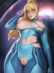  1girl 2024 artist_name blonde_hair blue_bodysuit blue_eyes blush bodysuit bootybear breasts breasts_apart breasts_out commentary english_commentary high_ponytail highres impossible_bodysuit impossible_clothes large_breasts lips long_hair looking_at_viewer metroid navel nipples parted_lips ponytail pussy samus_aran signature skin_tight solo space stomach torn_bodysuit torn_clothes window zero_suit 