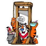  anthro bowl cereal container cutlery felid food frosted_flakes guillotine hi_res kellogg&#039;s kitchen_utensils male mammal mascot pantherine smile smiling_at_viewer solo spoon tiger tony_the_tiger tools unknown_artist 