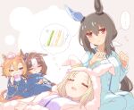  4girls admire_vega_(umamusume) ahoge animal_ears blonde_hair blue_hoodie blue_pants blue_shirt blush breasts brown_hair closed_eyes commentary_request crown cup drinking drooling hairband hihiqhi holding holding_cup hood hoodie horse_ears horse_girl horse_tail long_hair long_sleeves low_ponytail lying meisho_doto_(umamusume) mini_crown multiple_girls narita_top_road_(umamusume) on_back one_eye_closed open_mouth orange_hair orange_tail pajamas pants purple_shirt red_eyes shirt short_hair sitting sleeping small_breasts t.m._opera_o_(umamusume) tail thought_bubble twitter_username umamusume watermark 