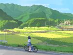  1girl bicycle black_hair blue_skirt blue_sky building day grass hill landscape masuki original outdoors power_lines road scenery school_uniform shirt shoes sign skirt sky socks solo traffic_barrier tree walking white_shirt 