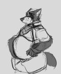  anthro belly canid canine canis clothed clothing eye_patch eyes_mostly_closed eyewear fur greyscale hand_on_belly hi_res kerchief male mammal monochrome narrowed_eyes neckerchief nintendo open_clothing open_topwear open_vest overweight overweight_anthro overweight_male riece_ranchoa sketch solo standing star_fox tight_clothing tired topwear vest wolf wolf_o&#039;donnell 