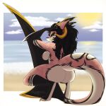  absurd_res anthro big_(disambiguation) big_tail black_hair butt crouching female fin fish hair hi_res horn hybrid marine nipples piercing pink_body queenie_(trexqueen) rear_view shaded shark simple_background solo tail trexqueen 