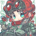  1girl absurdres animification apex_legends black_gloves blue_eyes blush breasts dated eyelashes gloves goggles goggles_on_head hair_behind_ear highres horizon_(apex_legends) jrpencil medium_breasts open_mouth red_hair short_hair smile solo spacesuit 