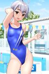  1girl absurdres ahoge blue_one-piece_swimsuit blue_sky breasts clothes_writing cloud commentary_request competition_swimsuit contrapposto covered_navel day grey_hair highleg highleg_swimsuit highres lane_line one-piece_swimsuit original outdoors pool pool_ladder poolside red_eyes short_hair sky small_breasts smile solo string_of_flags swimsuit takafumi tomboy variant_set 
