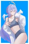 1girl absurdres aqua_eyes bare_shoulders blue_background breasts cleavage commentary cowboy_shot crop_top grey_hair hand_up head_wings highres honkai:_star_rail honkai_(series) long_hair looking_at_viewer midriff navel off_shoulder parted_lips robin_(honkai:_star_rail) solo sports_bra standing stomach thighs very_long_hair wings yasashihito 