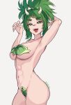  1girl abs absurdres arm_behind_back armpit_crease armpits arms_up artist_name ass bone breasts cavewoman coubalty covering_crotch covering_nipples covering_privates fangs green_eyes green_hair highres indie_virtual_youtuber leaf leaf_bra looking_at_viewer meat_(vtuber) nail navel open_mouth pointy_ears presenting_armpit scar scar_on_face scar_on_nose sharp_teeth short_hair sideboob simple_background smile solo teeth thick_eyebrows toned toned_female tongue twitter_username upper_teeth_only 