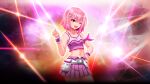  1girl bare_shoulders beatmania_iidx braid breasts goli_matsumoto hand_on_own_chest highres medium_breasts navel non-web_source official_art one_eye_closed open_mouth pink_hair pink_shirt pink_skirt shirt short_hair skirt smile teeth thighs upper_teeth_only wristband 