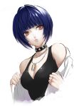  1girl bangs black_shirt blue_hair blunt_bangs bob_cut breasts cleavage collar collarbone cropped_torso highres igusaharu jewelry looking_at_viewer medium_breasts parted_lips pendant persona persona_5 red_eyes shirt short_hair simple_background sleeveless sleeveless_shirt solo takemi_tae undressing upper_body white_background 