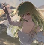  1girl bangs c.c. cloud code_geass collarbone creayus dress eyebrows_visible_through_hair green_hair long_hair looking_at_viewer outdoors see-through_sleeves sky smile solo sunset symbol-only_commentary upper_body white_dress yellow_eyes 
