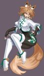  1girl absurdres alternate_costume animal_ear_fluff animal_ears ankle_bell bell black_bodysuit bodysuit bodysuit_under_clothes boots breasts brown_background brown_eyes chinese_clothes commentary english_commentary fangs fox_ears fox_girl fox_tail full_body green_nails green_trim hair_between_eyes highres jacket jingle_bell kudamaki_tsukasa light_brown_hair looking_at_viewer medium_hair nezo open_mouth puffy_short_sleeves puffy_sleeves short_sleeves simple_background small_breasts smile solo tail tangzhuang thigh_boots toeless_footwear toes touhou white_footwear white_jacket 