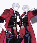  1boy 1girl argentum_1121 black_gloves blue_eyes breasts coat cowboy_shot dante_(devil_may_cry) devil_may_cry_(series) devil_may_cry_4 facial_hair fingerless_gloves genderswap genderswap_(mtf) gloves highres holding large_breasts looking_at_viewer mature_female mature_male muscular muscular_female muscular_male pale_skin pants red_coat simple_background smile standing white_hair 