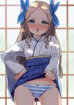  1girl asakaze_(kancolle) bangs blue_eyes blue_hakama blue_ribbon blush chaostein clothes_lift forehead furisode hair_ribbon hakama hakama_lift highres japanese_clothes kantai_collection kimono lifted_by_self light_brown_hair long_hair meiji_schoolgirl_uniform nose_blush panties parted_bangs ribbon sidelocks solo striped striped_panties underwear wavy_hair white_kimono 