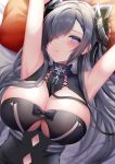  1girl armpits arms_up august_von_parseval_(azur_lane) azur_lane bangs between_breasts blue_eyes blue_hair blush breasts cleavage cleavage_cutout clothing_cutout covered_nipples hair_over_one_eye headgear horns large_breasts lying mechanical_horns on_back one_eye_covered pontaro18 ribbon solo underboob 
