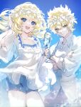  1boy 1girl bangs blonde_hair blue_eyes blue_pants blue_shorts blush breasts brother_and_sister castor_(fate) collarbone collared_shirt crossed_arms cup dress dress_shirt drinking_glass fate/grand_order fate_(series) galibo head_wreath heroic_spirit_tour_outfit highres long_sleeves looking_at_viewer medium_breasts medium_hair open_mouth pants pollux_(fate) shirt short_hair shorts siblings smile thighs twins white_dress white_shirt wide_sleeves 
